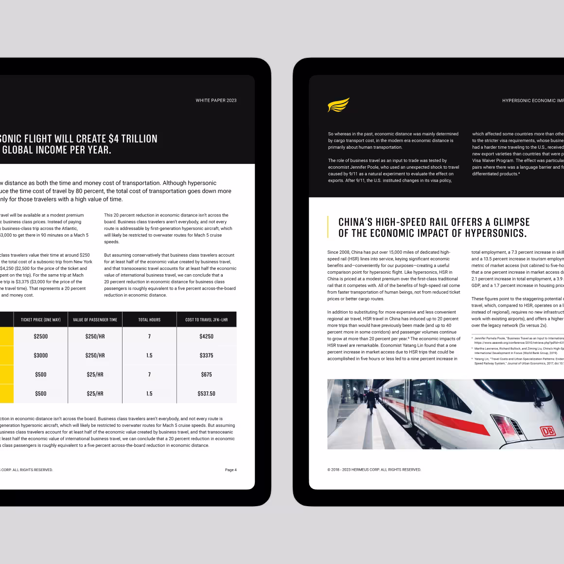 Two-page report spread on hyperloop transportation and economic impact, featuring charts, text, and a photo of a high-speed train.