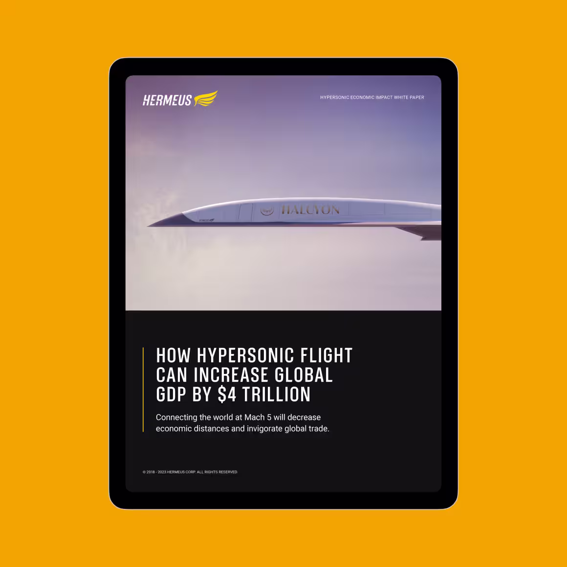 Tablet graphic shows a sleek hypersonic aircraft against a purple sky, with bold text: “How hypersonic flight can increase global GDP by $4 trillion.”