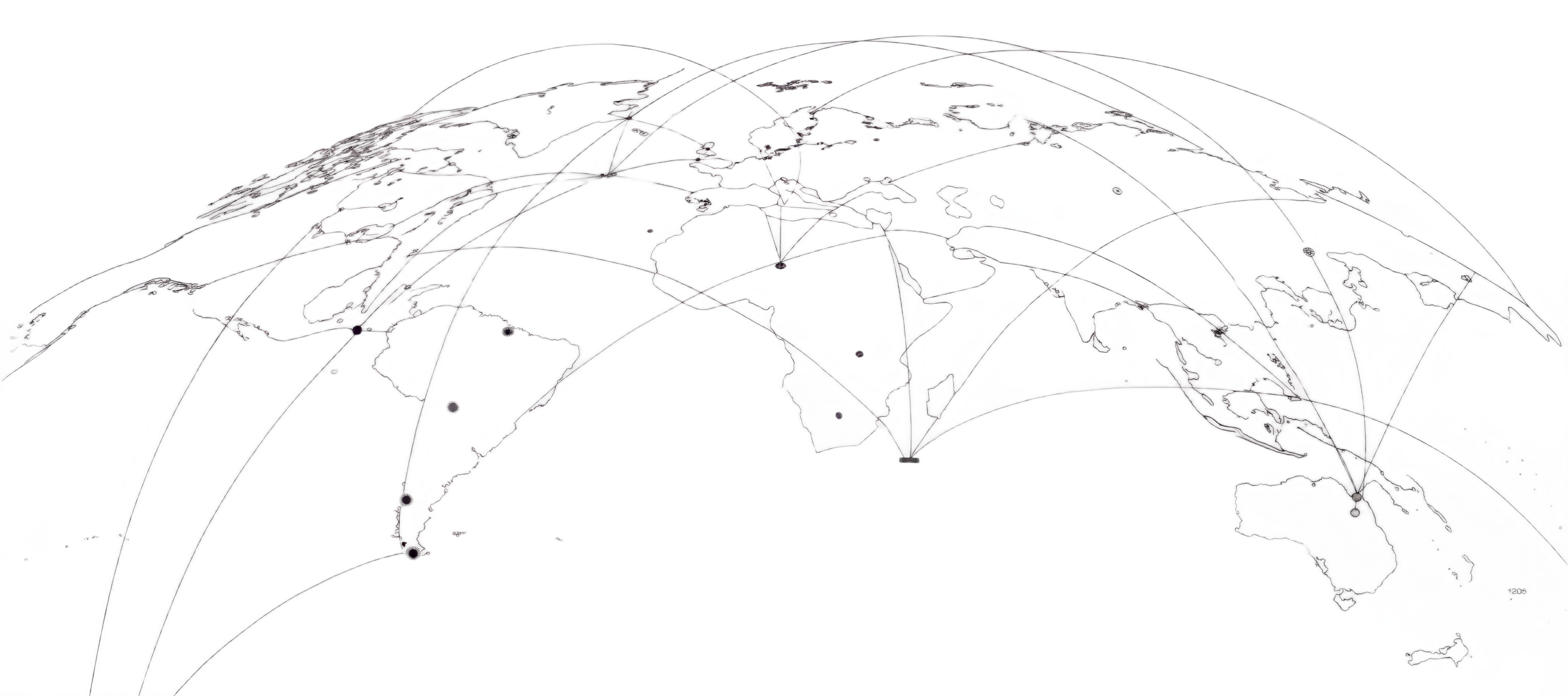 Wireframe illustration of a world map with arcs connecting different continents, representing global network connections.