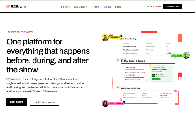 B2Brain three-step flow scanning a badge, adding context notes, then enriching and syncing the lead to CRM.