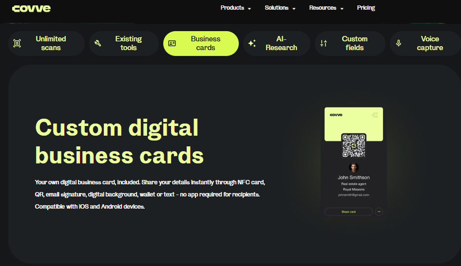  Covve custom digital business cards shared by NFC, QR, or wallet across iOS and Android devices.