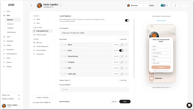 Popl team dashboard configuring a lead-capture form with editable contact fields and follow-up email settings.