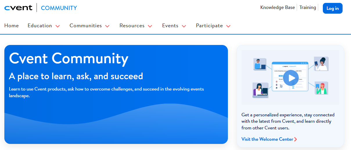 Cvent Community hub homepage for event professionals to learn, ask questions, and access training resources.