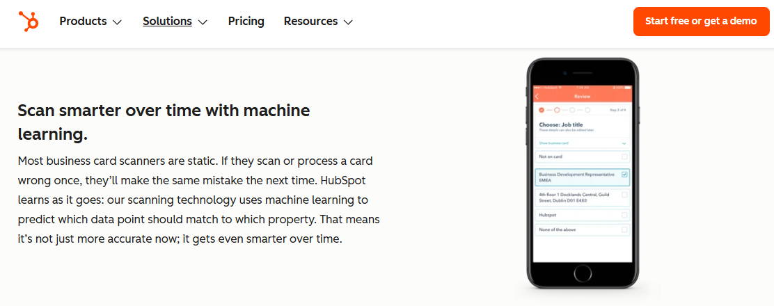 HubSpot business card scanner using machine learning to match job title data into contact fields on mobile.