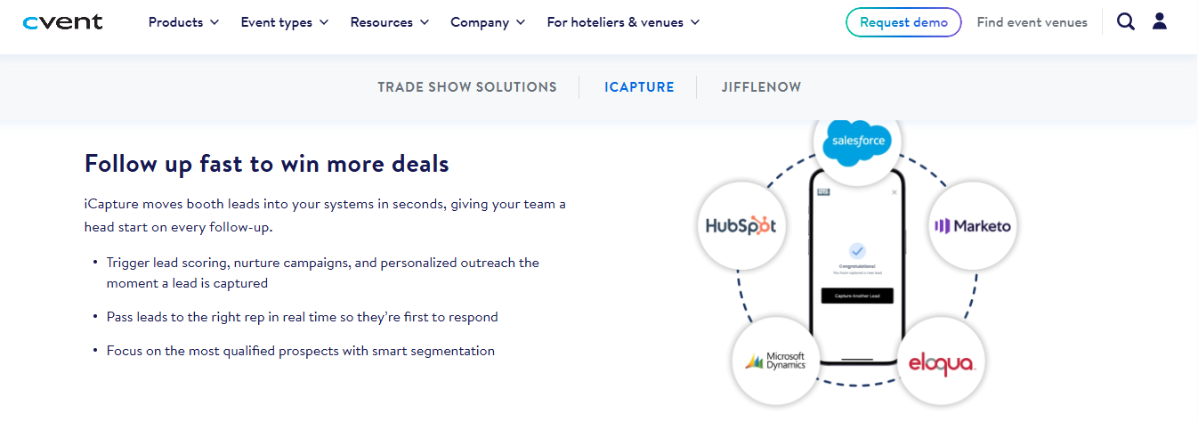 iCapture by Cvent showing badge-lead sync to Salesforce, HubSpot, Marketo, Microsoft Dynamics, and Eloqua for faster follow-up