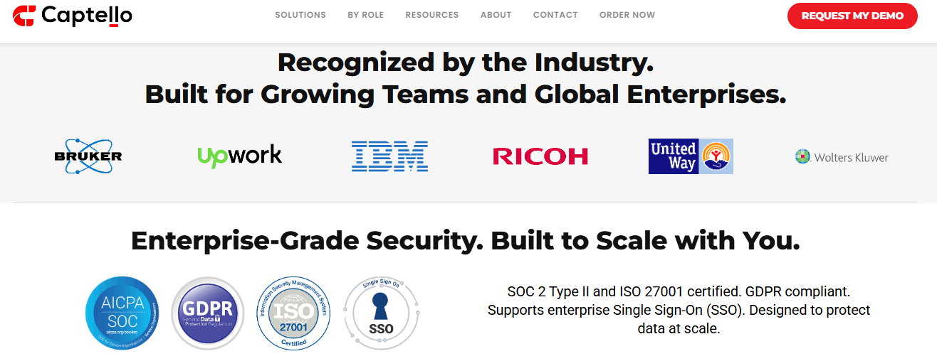Captello enterprise security badges showing SOC 2 Type II, ISO 27001, GDPR compliance, and SSO with IBM and Ricoh logos