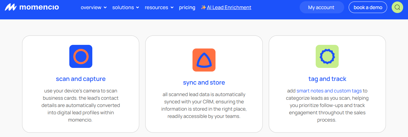 Momencio event lead app showing scan and capture, sync and store to CRM, and tag and track features