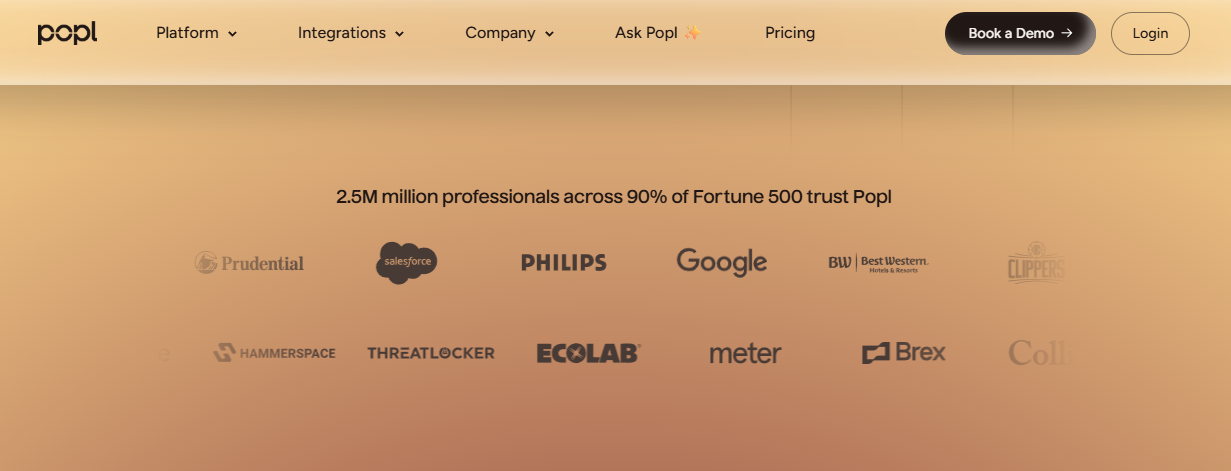 Popl digital business card social proof showing 2.5M professionals and Fortune 500 brands like Salesforce, Google, and Philips