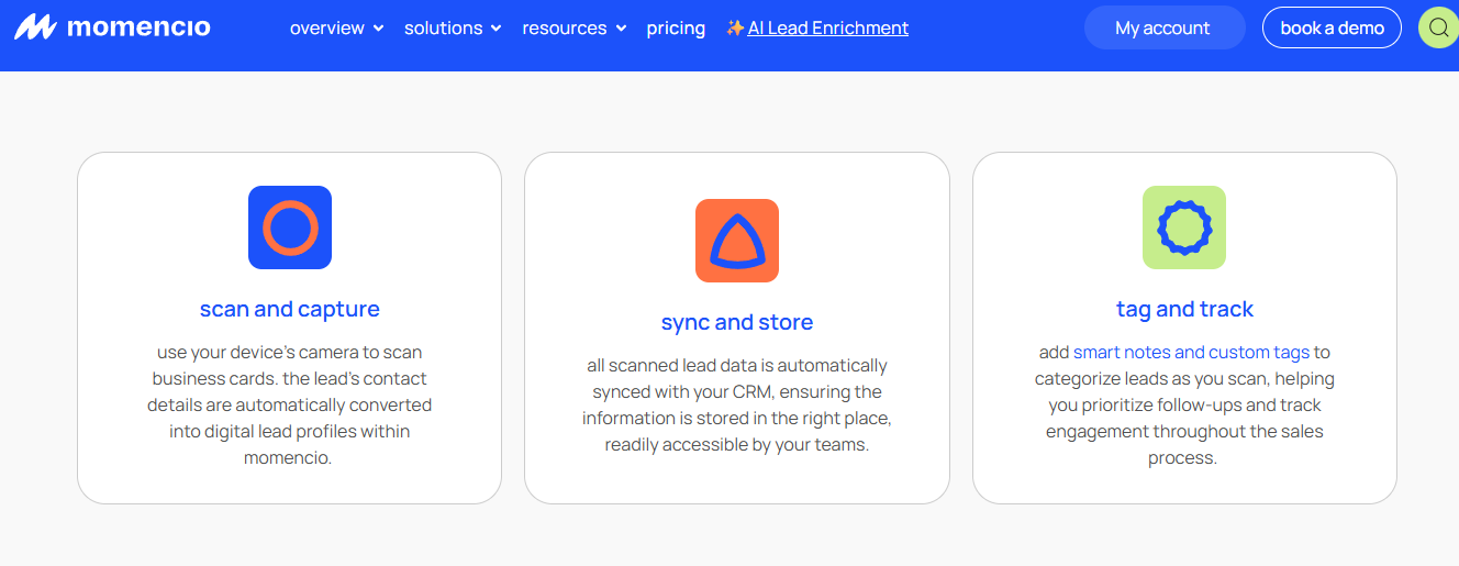  Momencio badge scanning app workflow showing scan and capture, sync and store, and tag and track steps