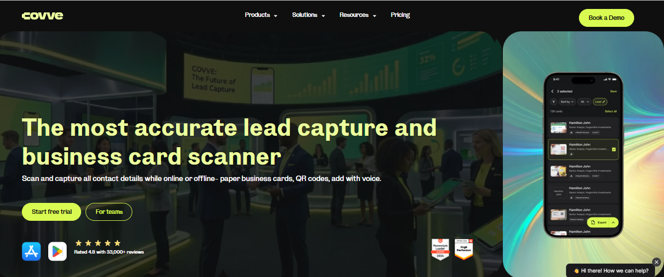 Covve homepage promoting offline business card scanner with voice, QR, and 33,000+ reviews