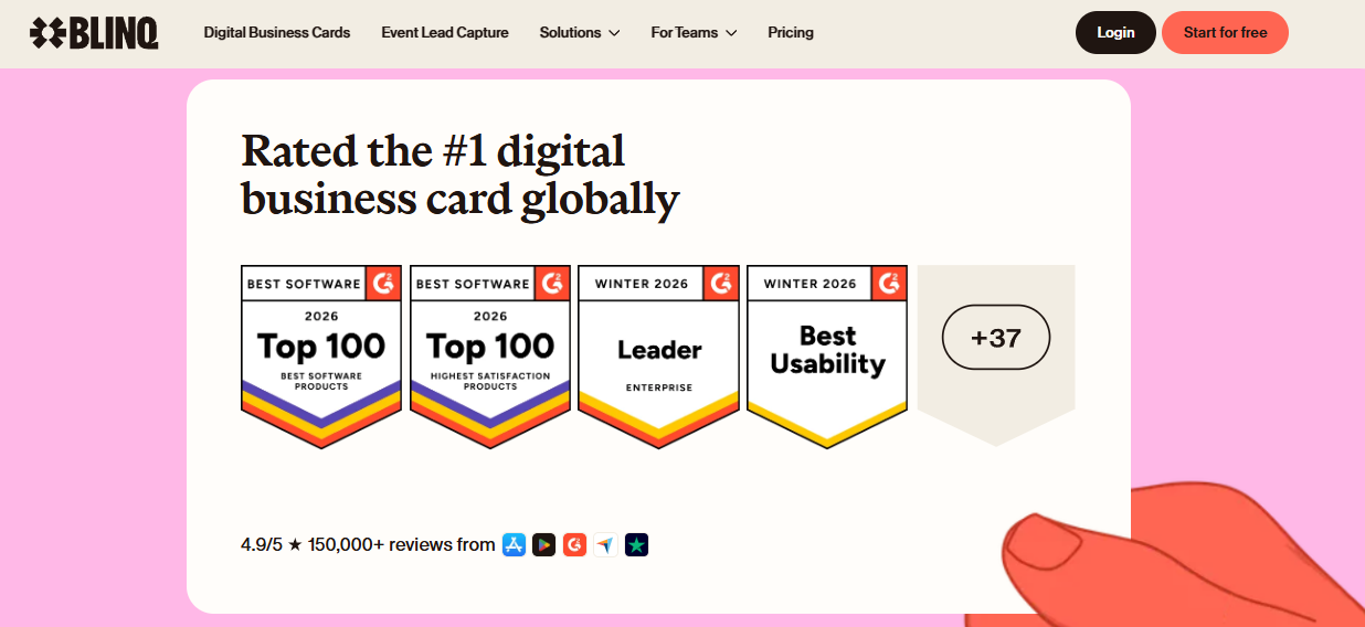 Blinq digital business card app homepage showing #1 G2 rating and 150,000+ reviews for iPhone