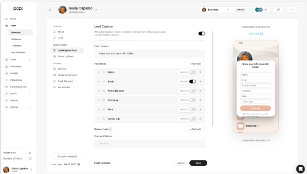 Popl lead capture form dashboard configuring name, email, phone, and company fields on iPhone