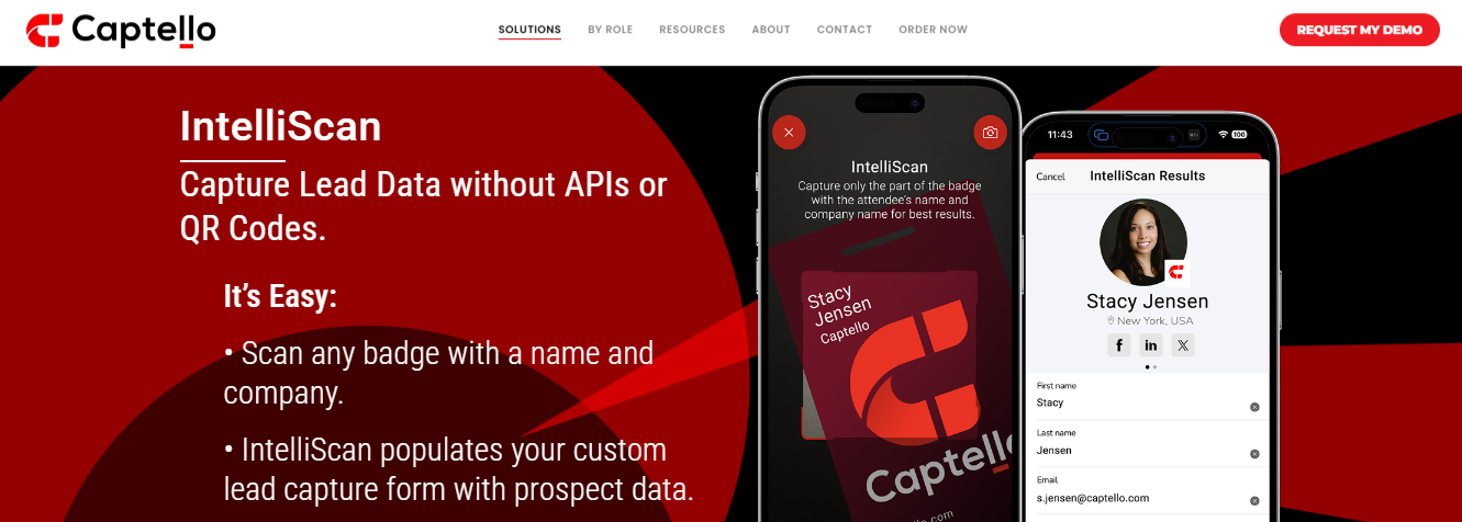Captello IntelliScan feature capturing badge lead data without APIs or QR codes on a phone screen