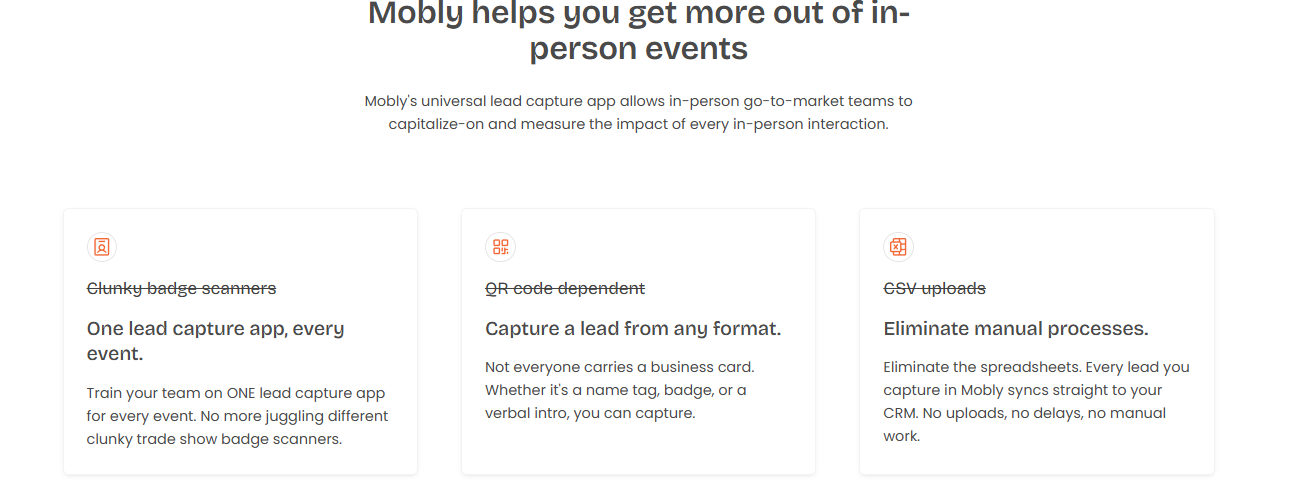 Mobly universal lead capture app screen showing badge scanning and CRM sync features for in-person events