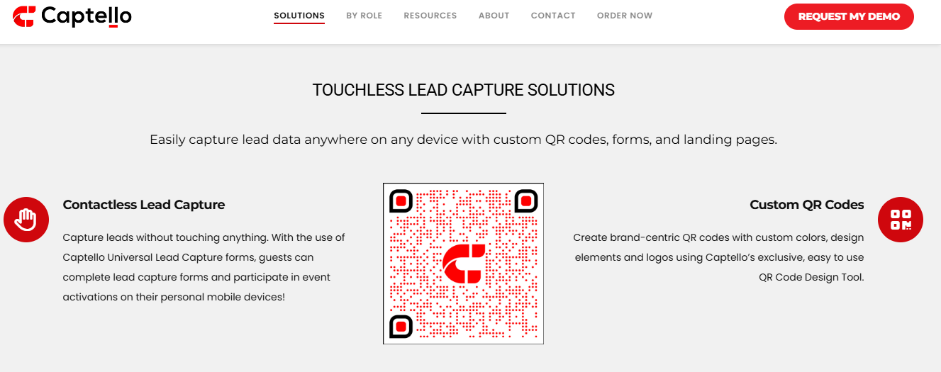  Captello touchless lead capture app showing custom QR codes, contactless forms, and landing pages for events