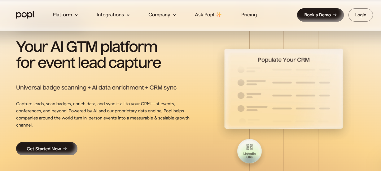 Popl AI event lead capture app with universal badge scanning, AI data enrichment, and CRM sync to populate records
