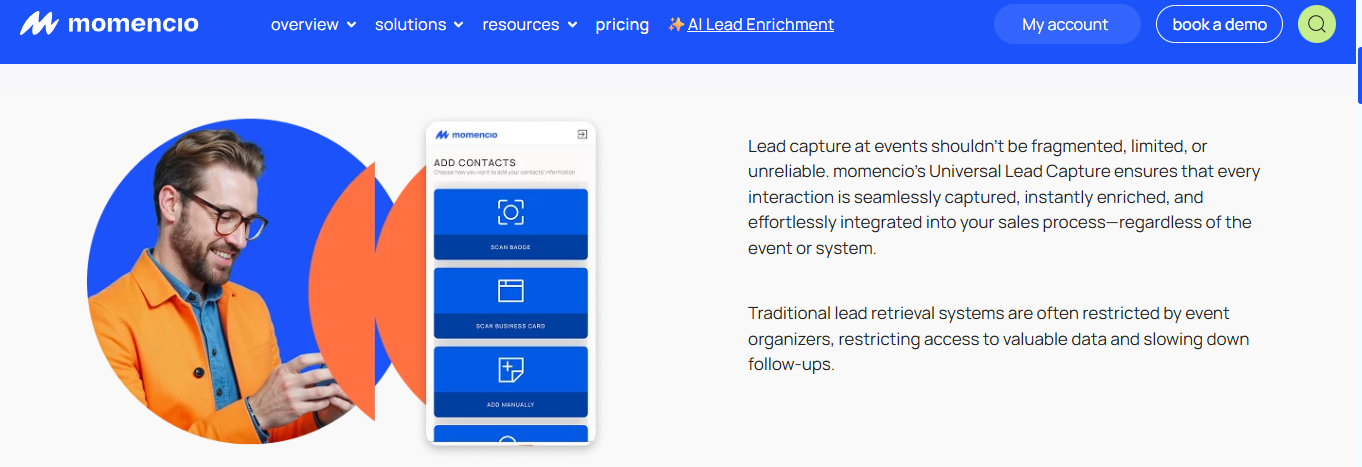  Momencio universal lead capture app scanning badges and business cards with instant enrichment and CRM sync
