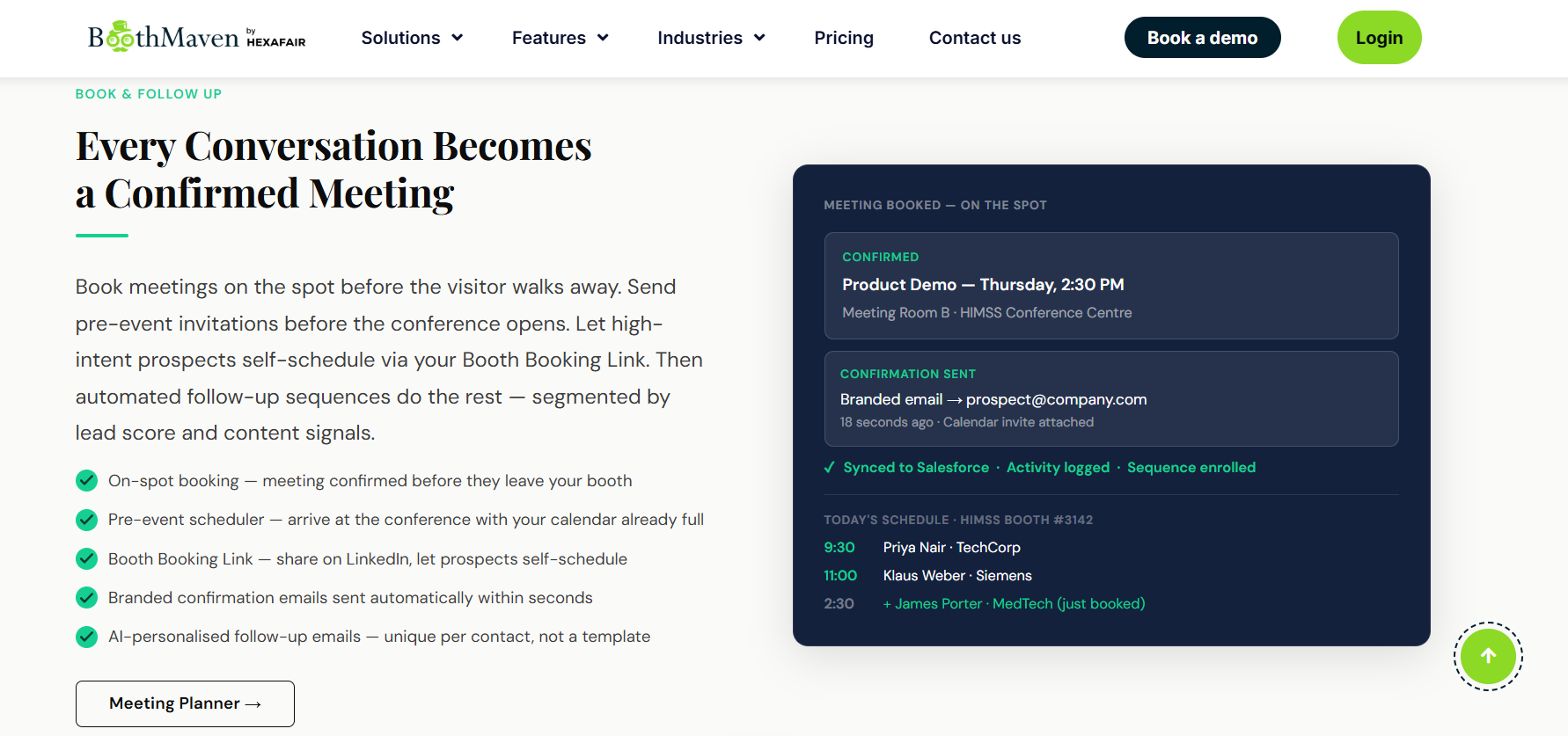  BoothMaven panel confirming an on-spot demo booking, branded email confirmation, Salesforce sync and the day