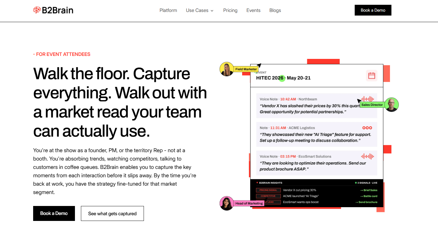B2Brain attendee capture screen with timestamped voice notes, competitor signals and recommended next actions from HITEC 2026 