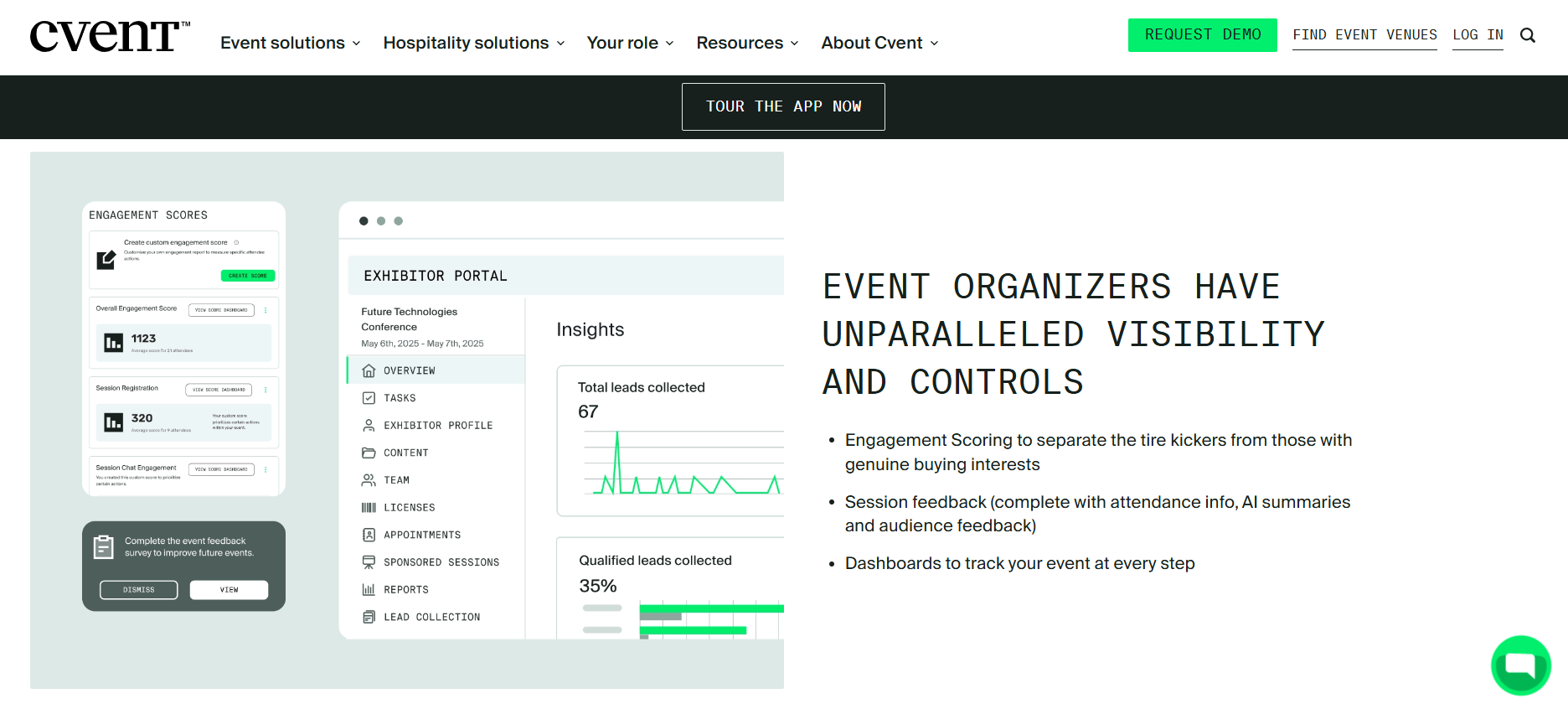  Cvent exhibitor portal showing engagement scores, total leads collected and 35% qualified lead rate with reporting tabs