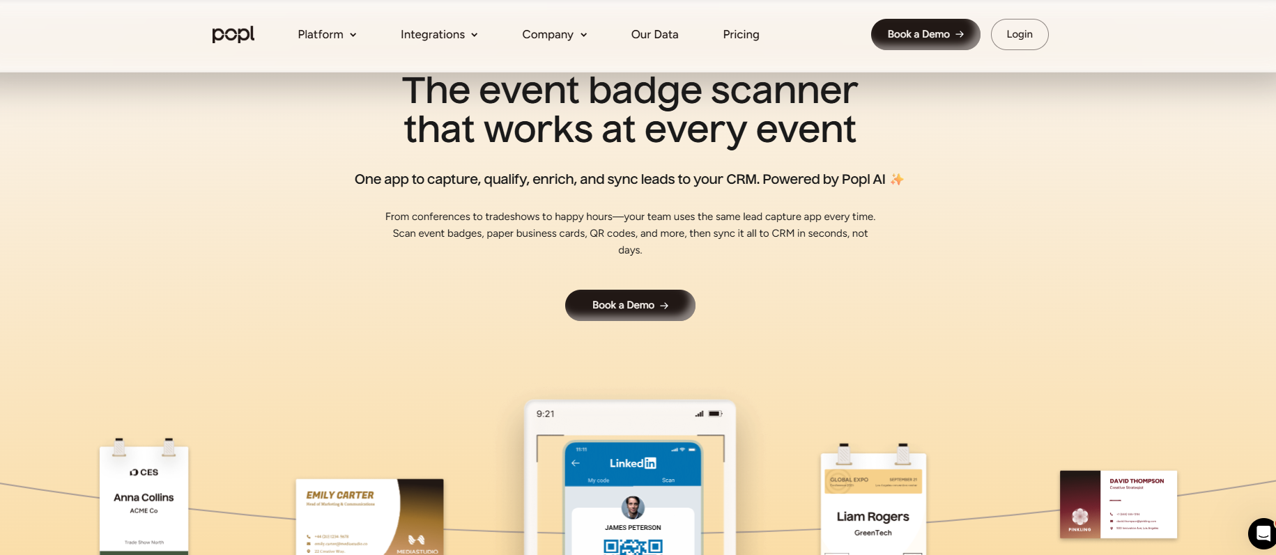 Popl event badge scanner capturing badges, paper business cards and QR codes, then qualifying and syncing leads to CRM 