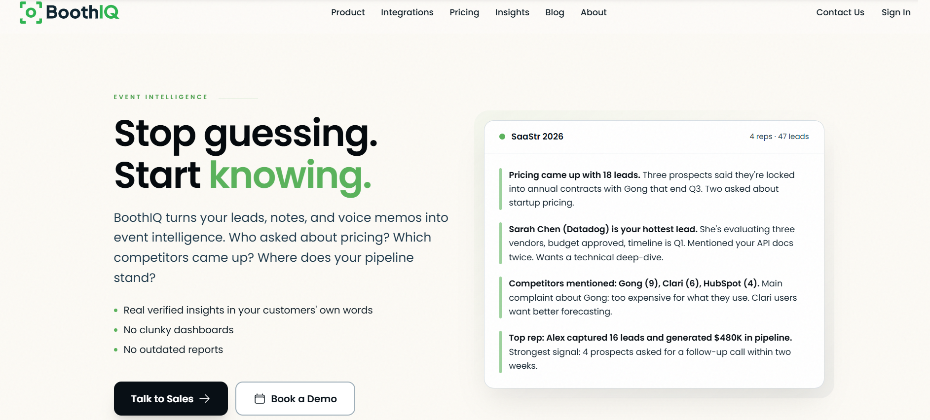 BoothIQ event intelligence summary highlighting pricing interest, hottest leads, competitors and pipeline