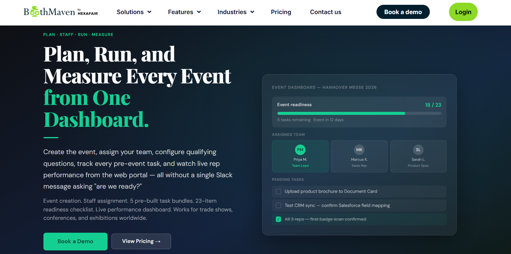 BoothMaven event dashboard tracking readiness, assigned staff, pending tasks and Salesforce field mapping