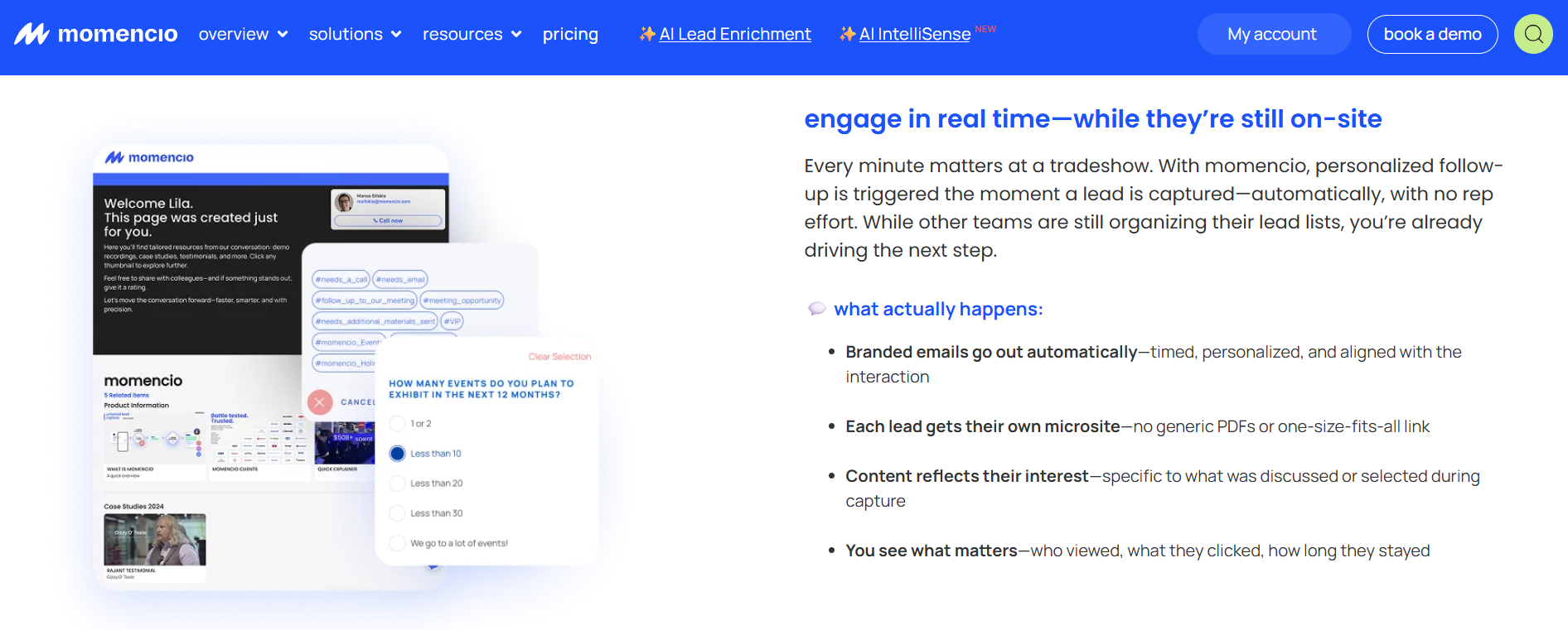 momencio workflow sending personalized emails and microsites after lead capture while tracking content engagement