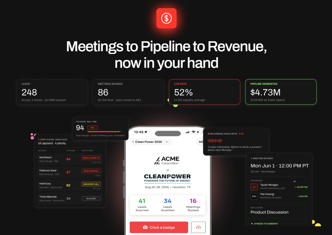 Conference badge scanner app showing live lead scoring, voice notes, booked meetings and pipeline generated from a trade show