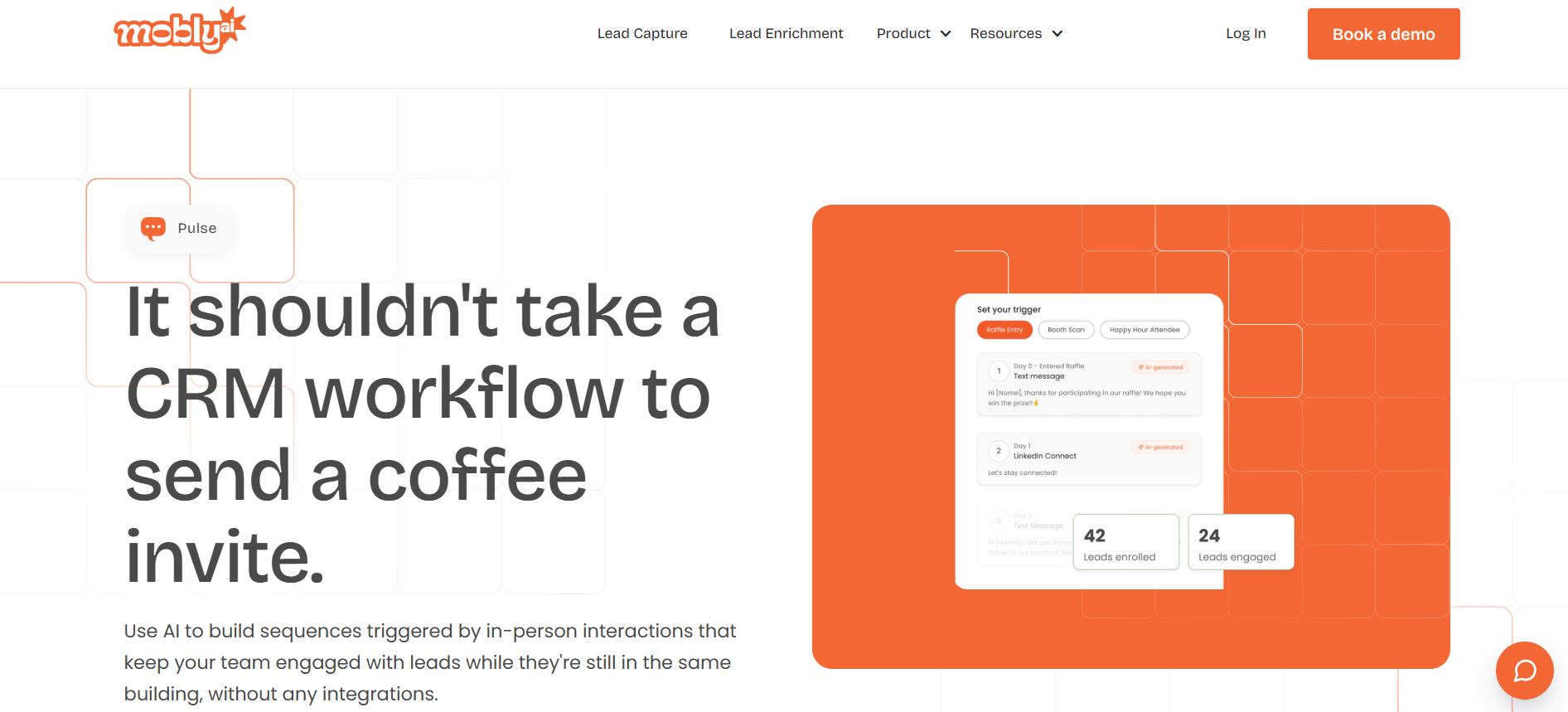 Mobly AI lead capture page showing automated CRM follow-up sequences triggered by in-person trade show interactions