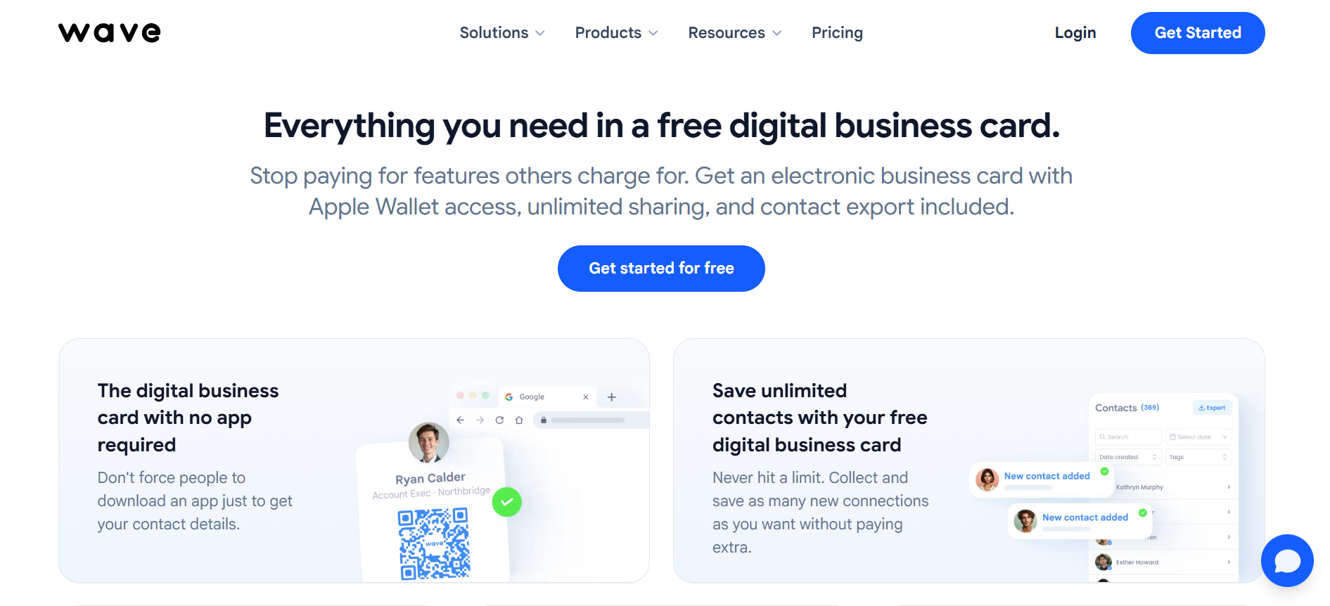Wave free digital business card app showing contact export and unlimited saved contacts for event lead capture