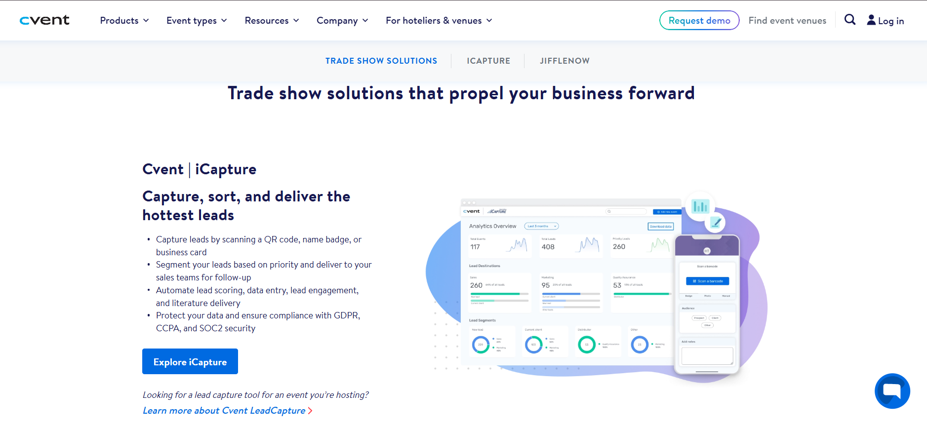 Cvent iCapture trade show lead retrieval interface with QR badge scanning, lead scoring, and analytics overview