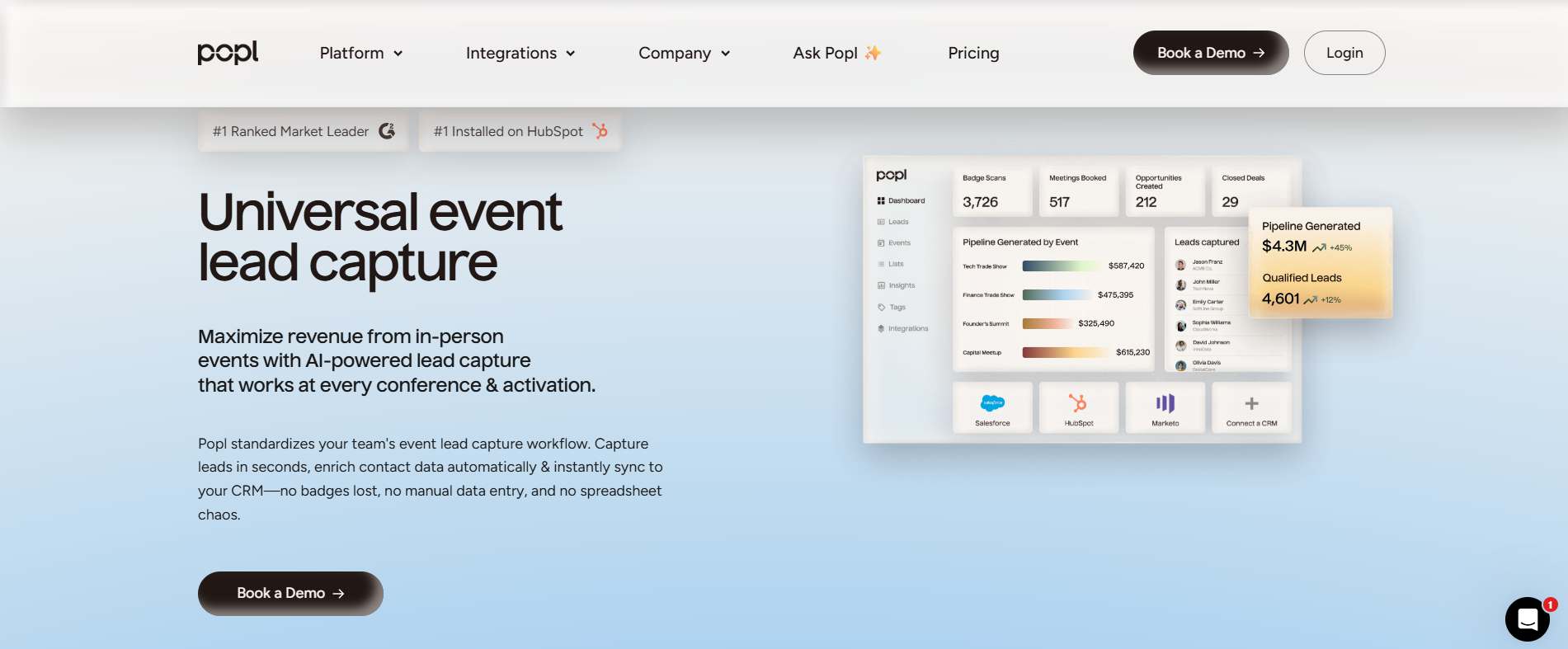 Popl universal event lead capture dashboard showing badge scans, meetings booked, and CRM sync to Salesforce and HubSpot