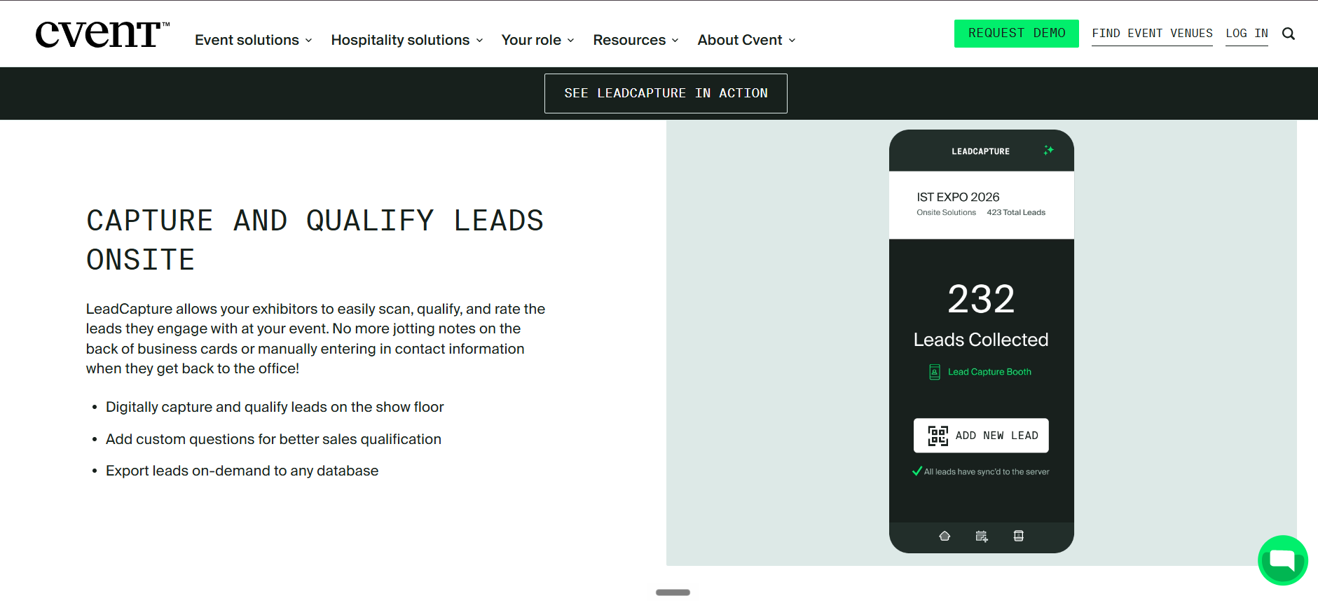 Cvent LeadCapture lead scanning app on mobile showing 232 leads collected and synced onsite at an event