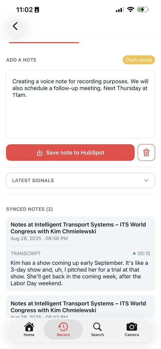 A note drafted in the app with the option to save it directly to HubSpot