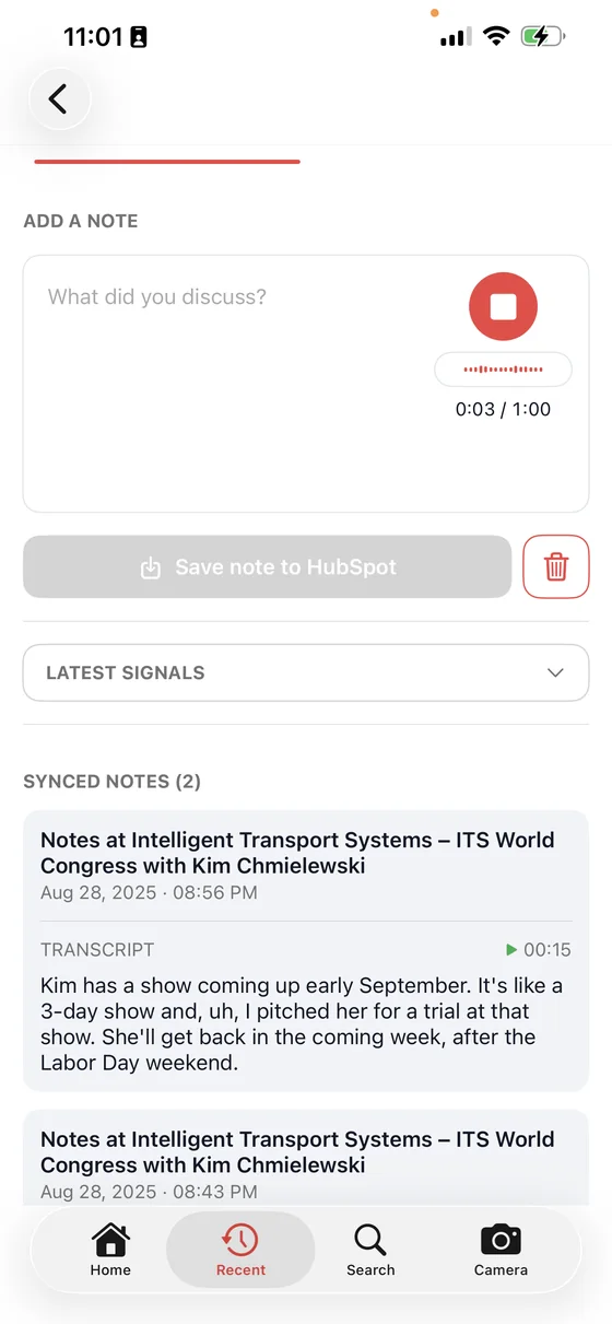 Recording a voice note against a captured lead, with a one-minute limit
