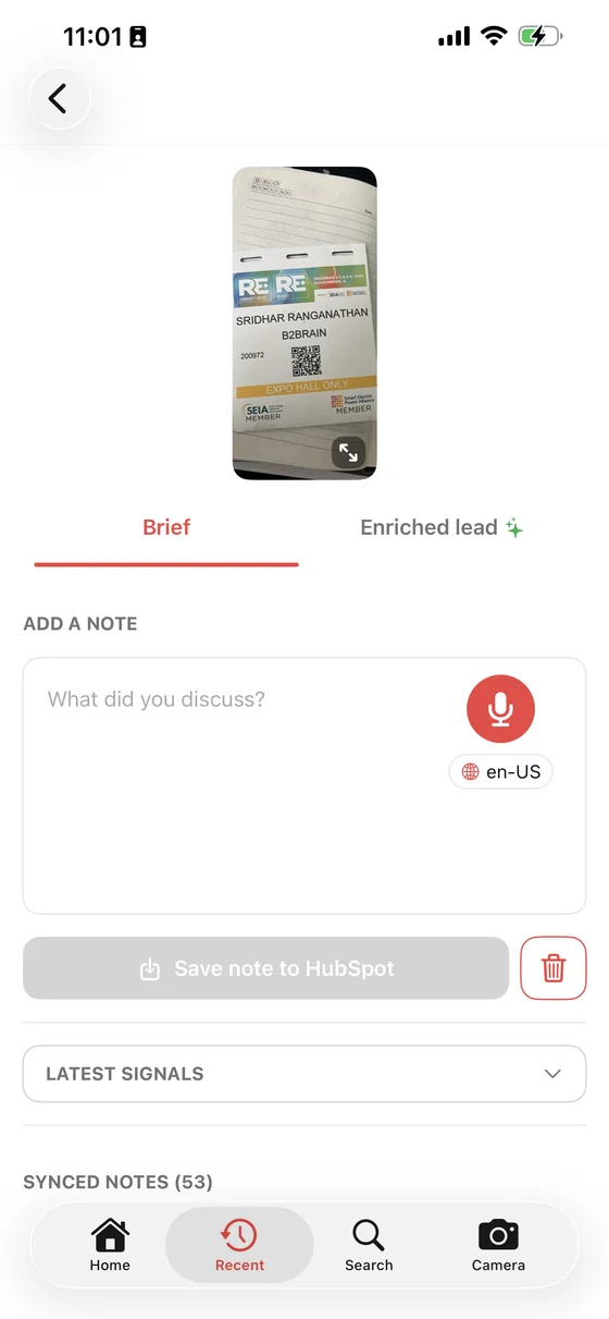 A lead brief showing the captured badge and the full history of synced notes