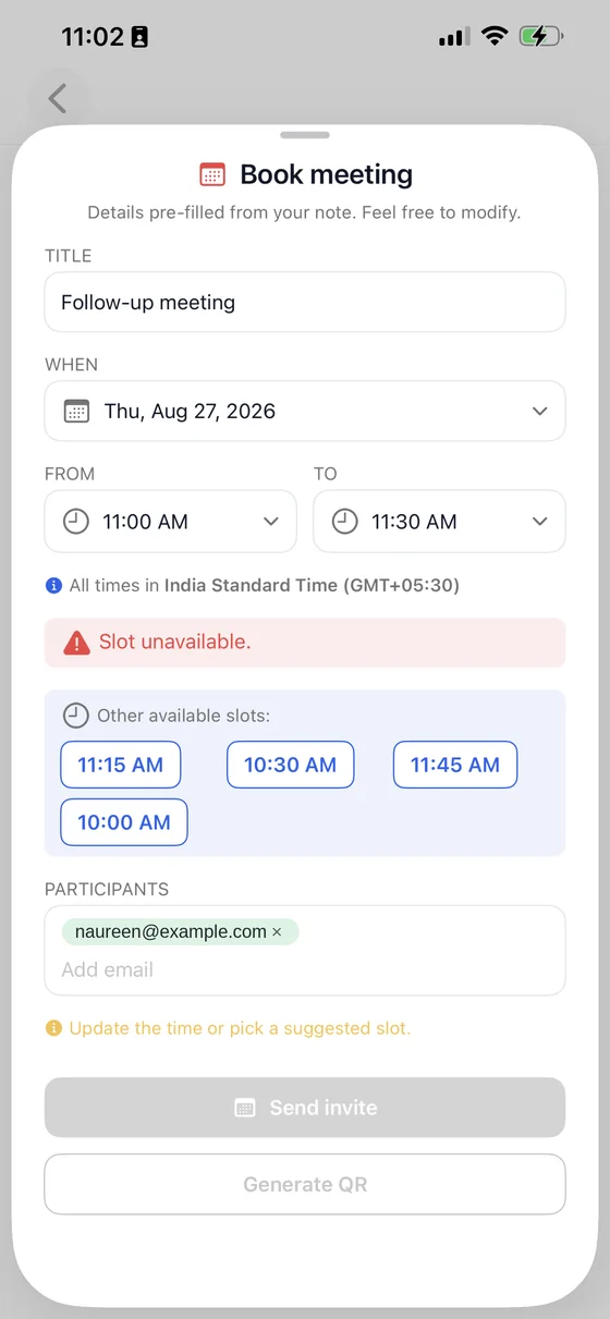 A busy slot flagged as unavailable, with alternative times suggested