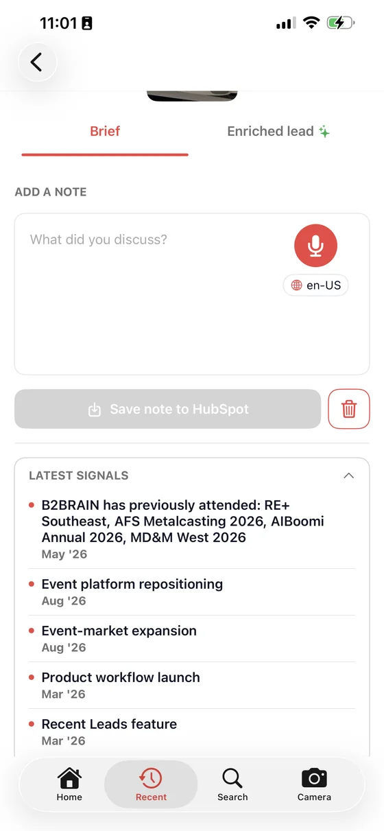 The latest signals panel listing dated company events on the account page