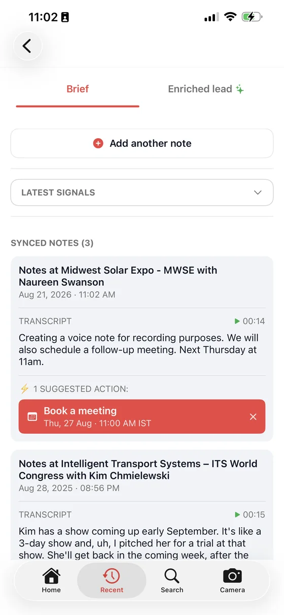 A saved note with a suggested action to book the meeting it mentions