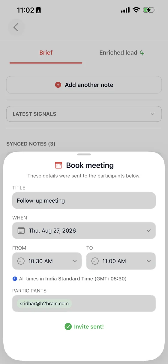 A calendar invite confirmed as sent through the connected calendar account