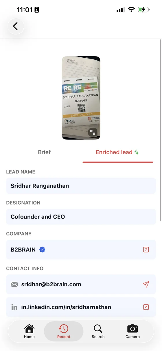 An enriched lead card with job title, verified company, email and LinkedIn profile