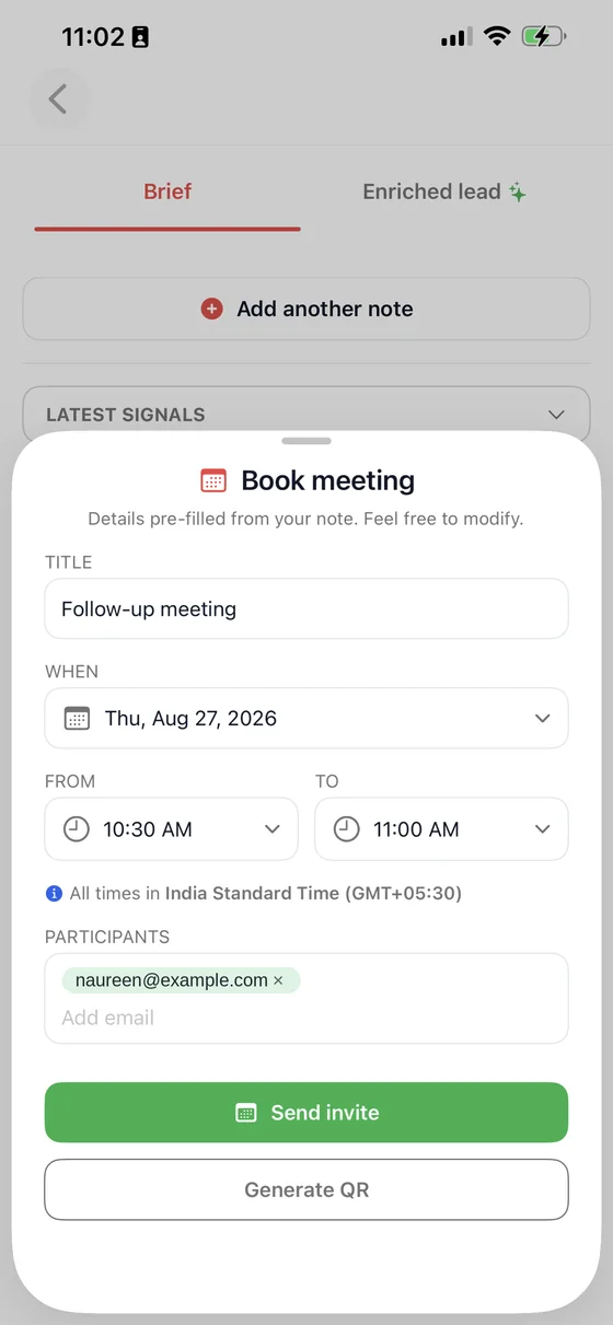 A meeting invite ready to send, with time, participant and send button