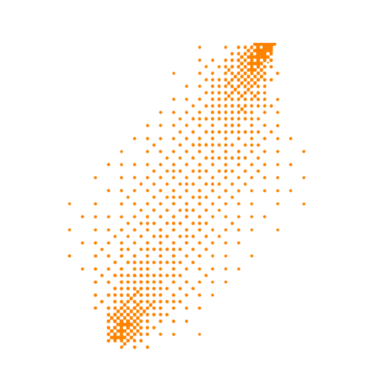 Digital scatter plot of numerous orange dots with two dense clusters forming a diagonal pattern on black background.