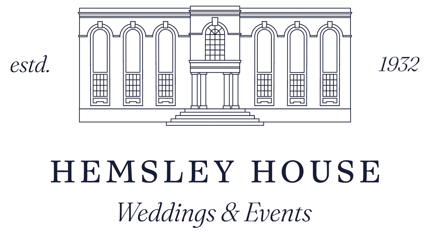 Logo with building facade illustration and text Hemsley House Weddings & Events estd. 1852