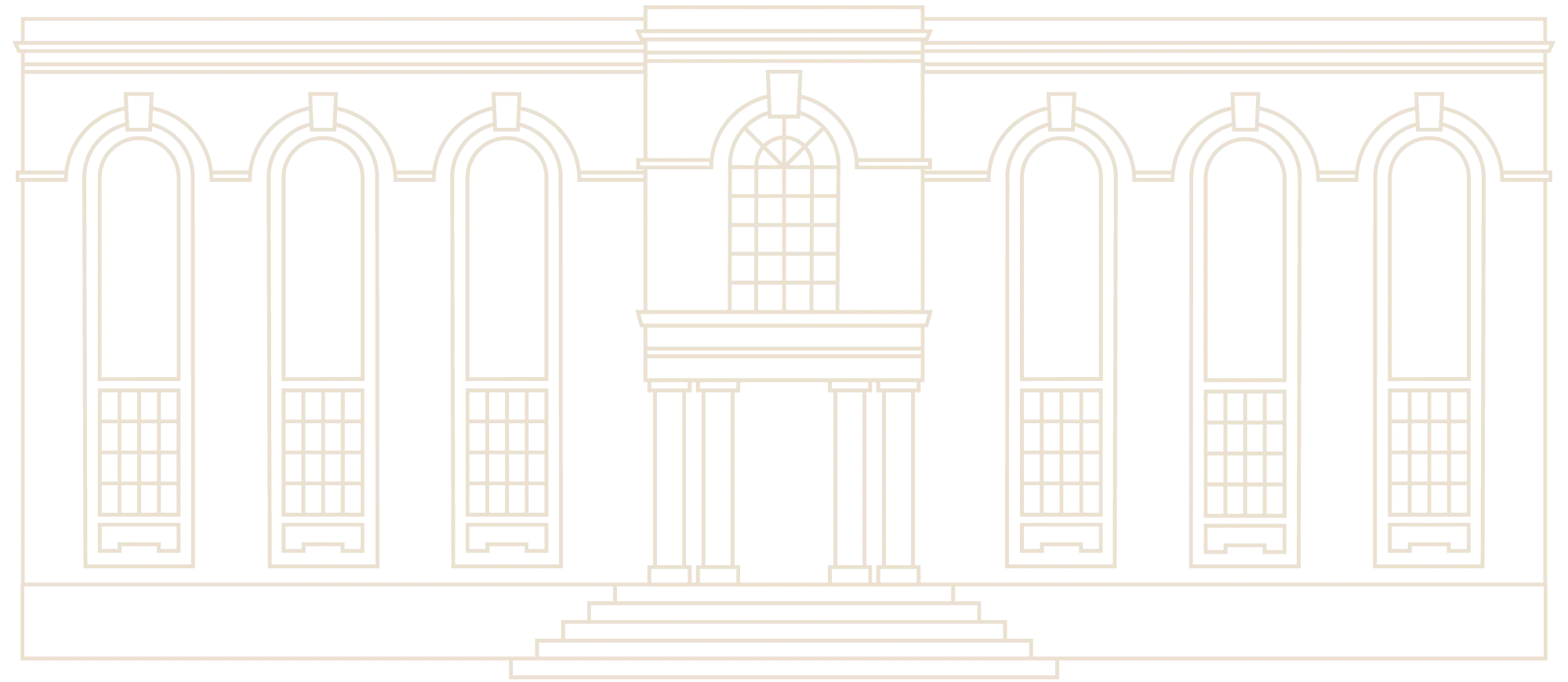 Line art of a symmetrical building facade with arched windows and a central entrance with steps.