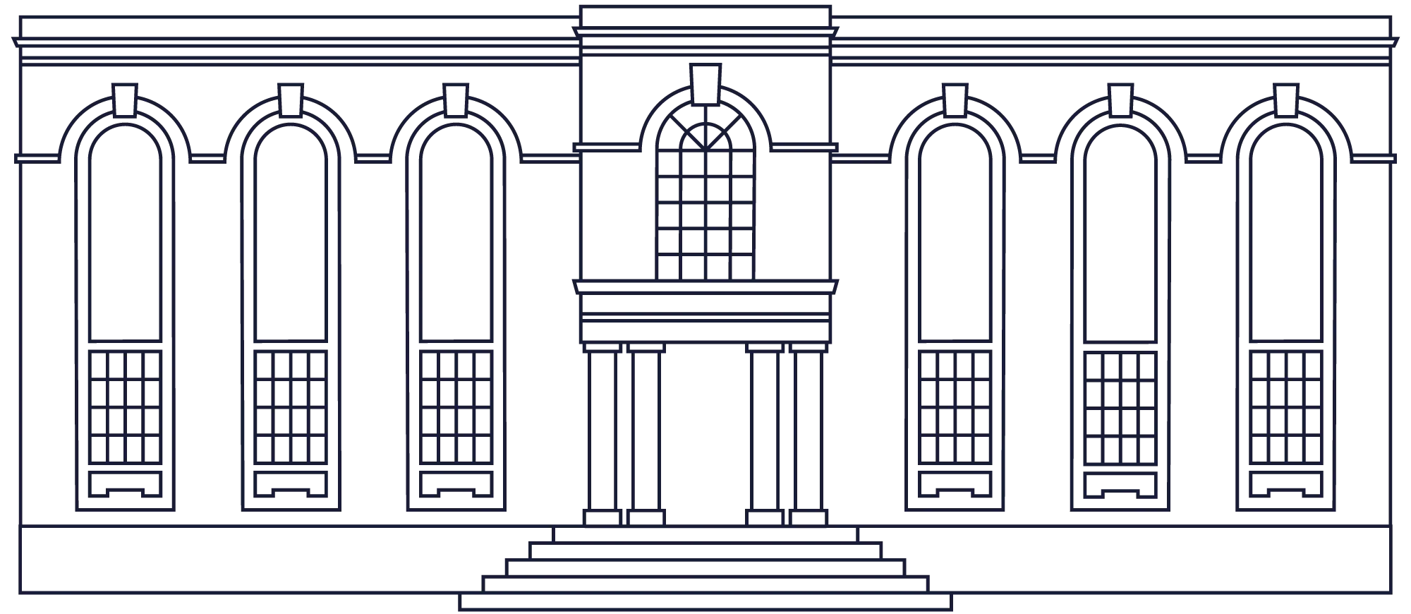 Line art of a symmetrical building facade with six arched windows and a central columned entrance.