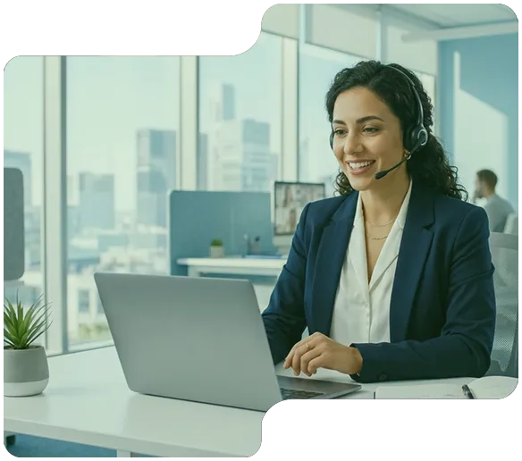 Smiling woman in headset working on laptop in a bright office with city view windows.