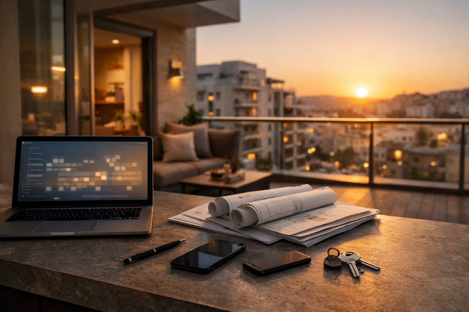 pc and plans on a table overseeing sunset