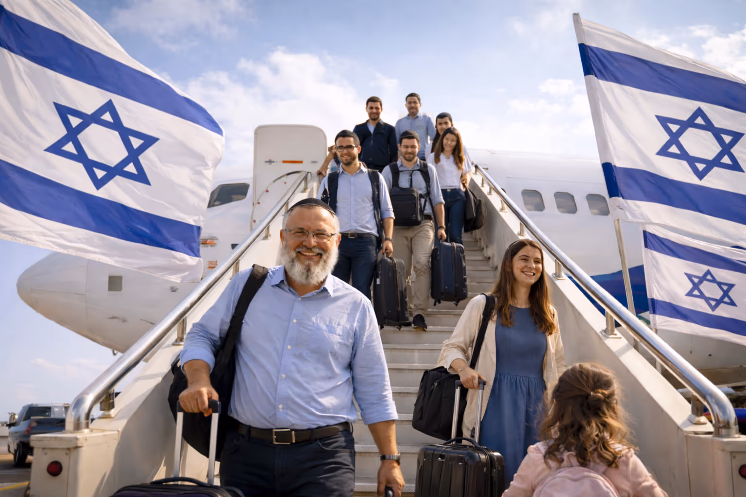 an image of jews getting down a plain to Israel